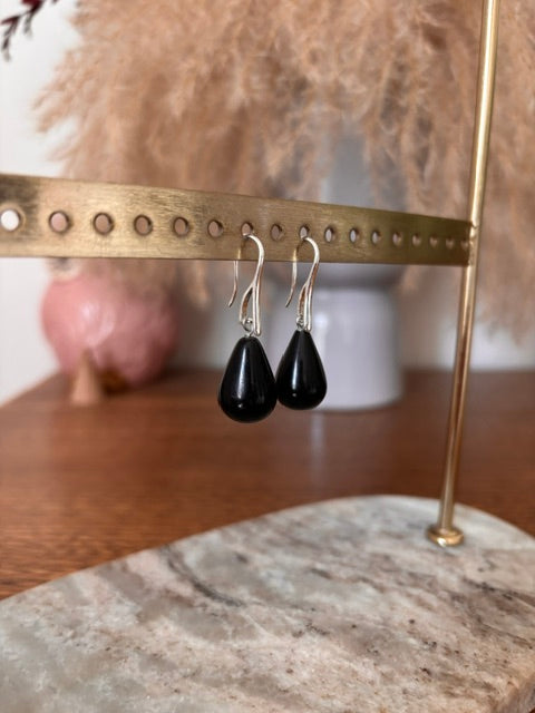 Boucles d'Oreilles Dormeuses Obsidienne Noire | Pierre Naturelle | Acier Inoxydable Argenté