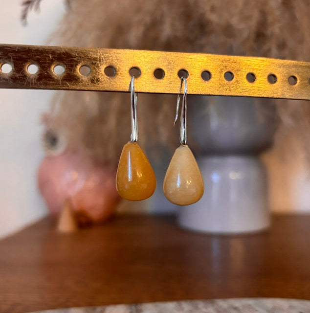 Boucles d'Oreilles Dormeuses Calcite Jaune | Pierre Naturelle | Acier Inoxydable Argenté