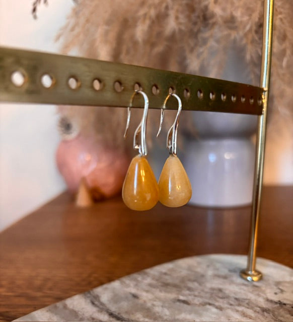 Boucles d'Oreilles Dormeuses Calcite Jaune | Pierre Naturelle | Acier Inoxydable Argenté