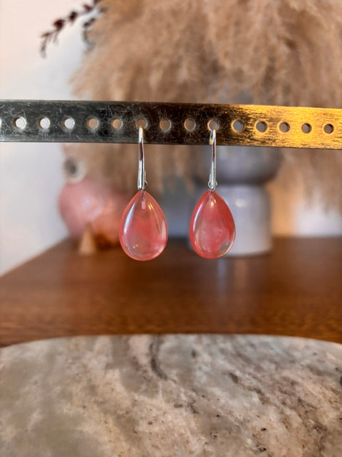 Boucles d'Oreilles Dormeuses Quartz Cerise | Cherry Quartz | Acier Inoxydable Argenté
