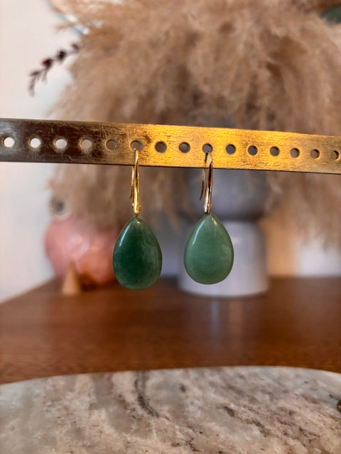 Boucles d'Oreilles Dormeuses Allongées – Aventurine Verte | Acier Inoxydable