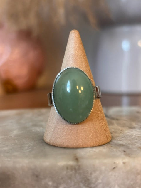 Bague Aventurine Verte | Argent Ajustable Acier Inoxydable | Cabochon 13x18