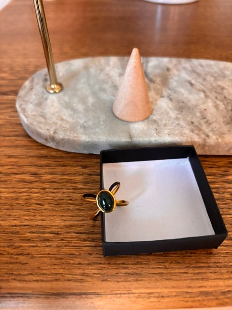 Bague Agate Mousse | Dorée Ajustable Acier Inoxydable | Cabochon 6x8 mm