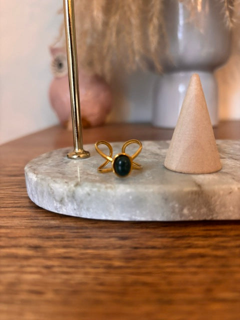 Bague Agate Mousse | Dorée Ajustable Acier Inoxydable | Cabochon 6x8 mm
