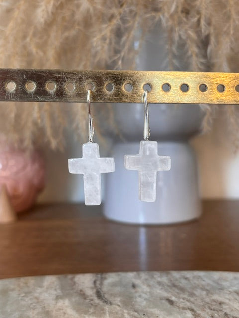Boucles d'Oreilles Dormeuses Croix Cristal de Roche | Acier Argenté Inoxydable | Fait Main France