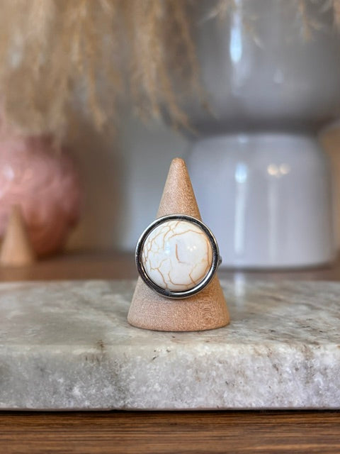 Bague Ajustable Howlite Turquoise Blanche | Cabochon 20 mm | Acier Argenté Inoxydable | PAPD