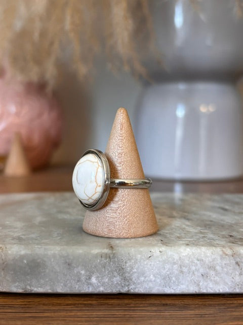 Bague Ajustable Howlite Turquoise Blanche | Cabochon 20 mm | Acier Argenté Inoxydable | PAPD
