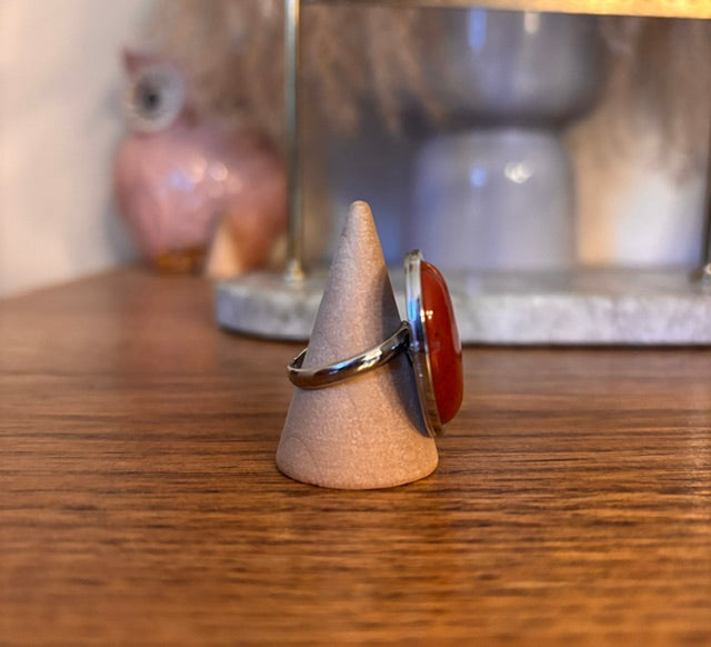 Bague Ajustable Cornaline | Grand Cabochon 18x25 mm | Acier Argenté Inoxydable | PAPD
