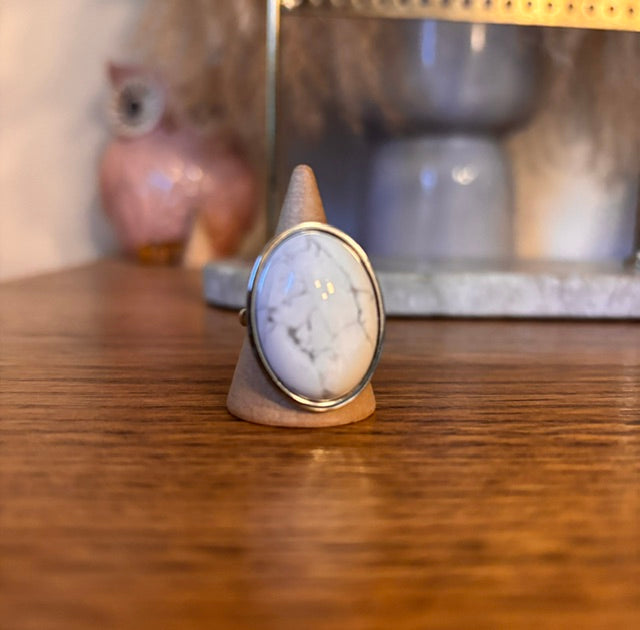 Bague Ajustable Howlite Turquoise Blanche Marbrée | Grand Cabochon 18x25 mm | Acier Argenté Inoxydable | PAPD