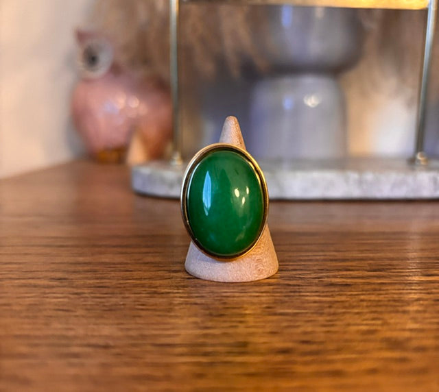 Bague Ajustable Jade Vert Naturel | Grand Cabochon 18x25 mm | Acier Doré Inoxydable | PAPD