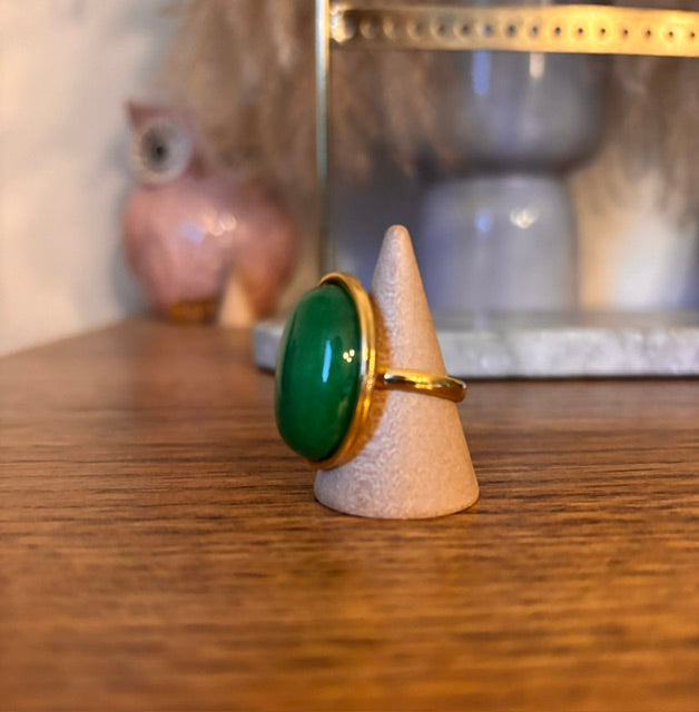 Bague Ajustable Jade Vert Naturel | Grand Cabochon 18x25 mm | Acier Doré Inoxydable | PAPD