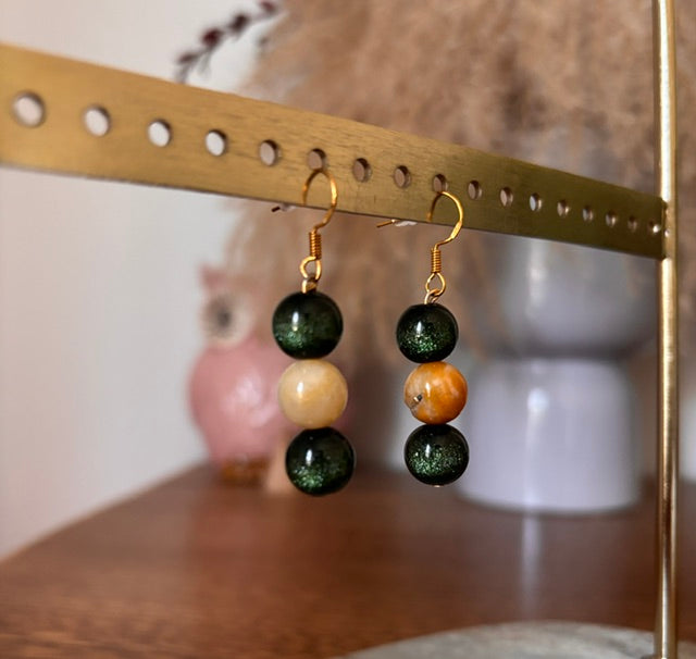 Boucles d'Oreilles Pendantes Dorées – Obsidienne Verte & Topaze Jaune | Pierre Naturelle Artisanal