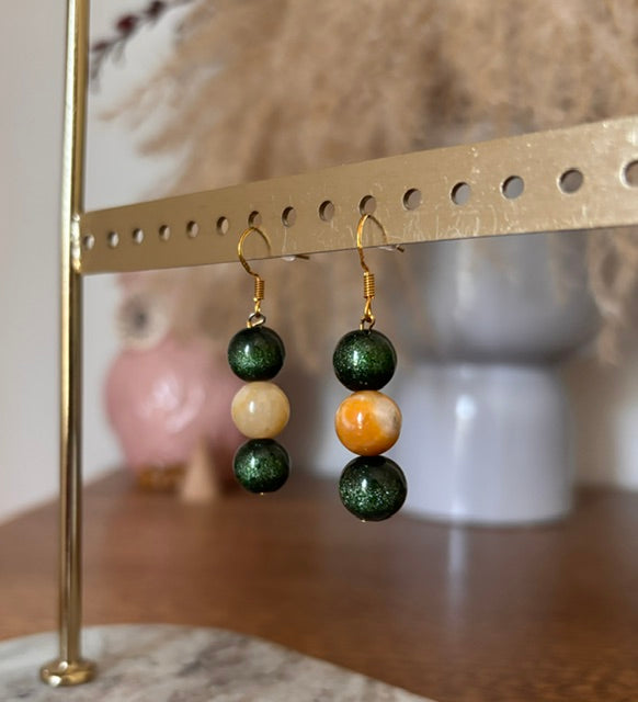 Boucles d'Oreilles Pendantes Dorées – Obsidienne Verte & Topaze Jaune | Pierre Naturelle Artisanal