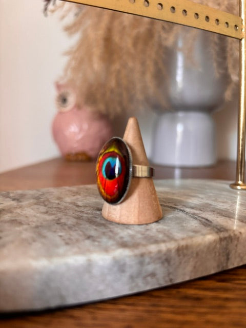 Bague ajustable Paon | Acier inoxydable argenté | Couleurs intenses | Fantaisie estivale | PAPD