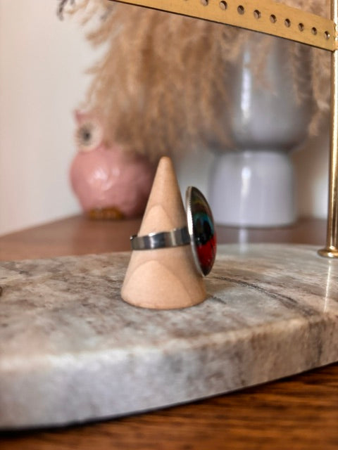 Bague ajustable Paon | Acier inoxydable argenté | Couleurs intenses | Fantaisie estivale | PAPD