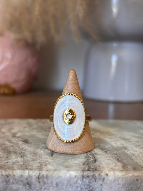 Bague Dorée Résine Blanche Nacrée | Ajustable & Inoxydable | PAPD