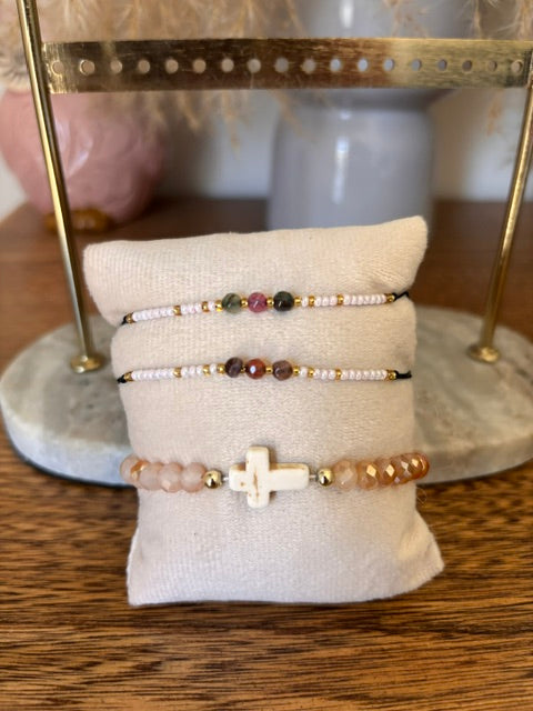 Lot 3 Bracelets Pierres Naturelles – Améthyste, Quartz Tourmaline & Croix Chrétienne | Homme & Femme