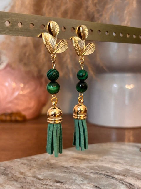 Boucles d'Oreilles Malachite & Feuille de Sauge – Acier Doré Inoxydable 8 cm