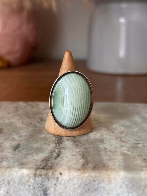 Bague Aventurine Verte Claire | Argent Ajustable Inoxydable | Cabochon 18x25