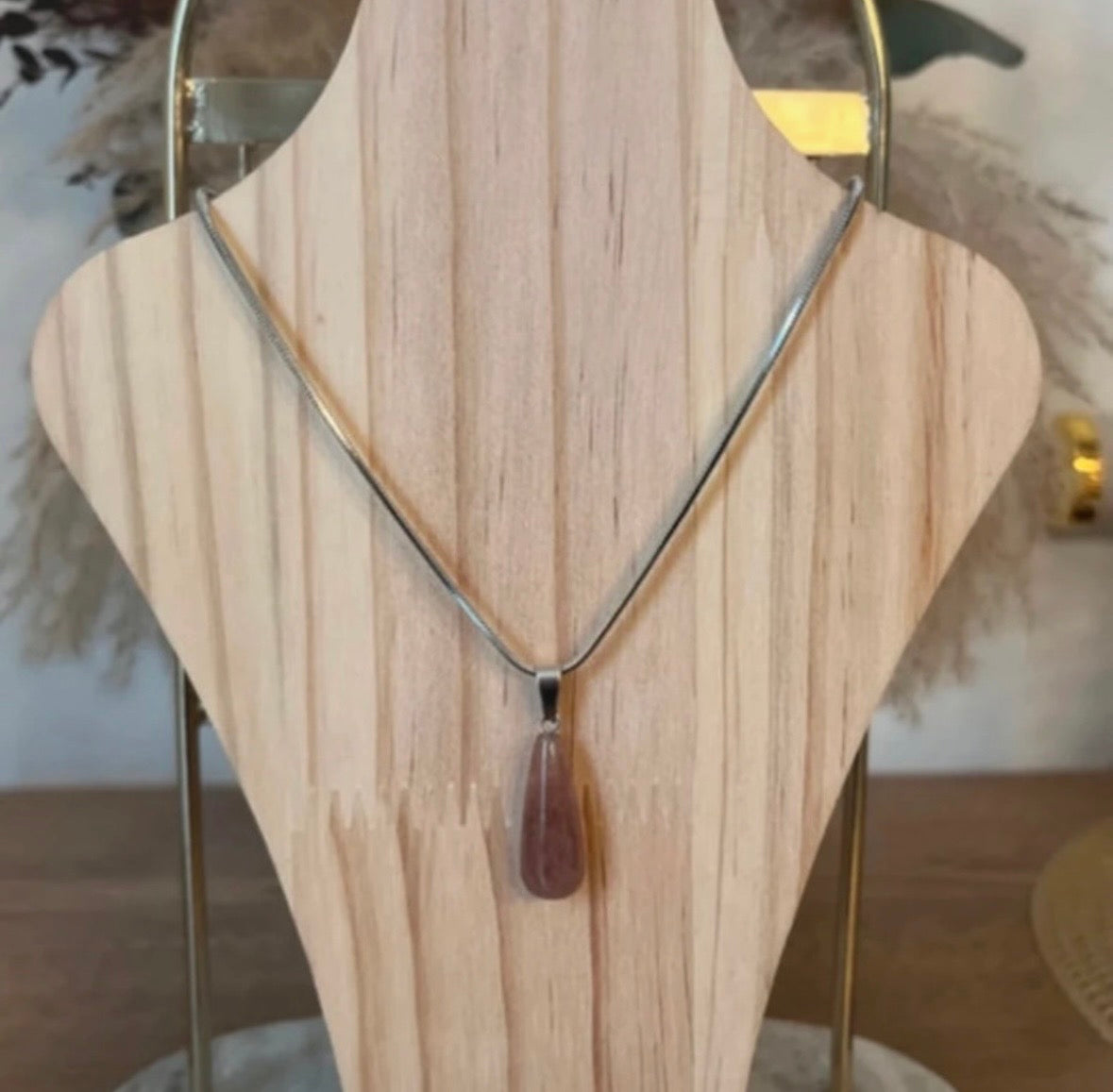 Collier Pierre Naturelle Quartz Cerise | Chaîne Argentée Acier Inoxydable | 40 cm