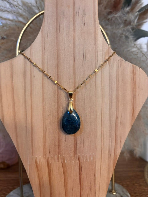 Collier Pierre Naturelle Apatite Bleue | Chaîne Grain de Café Dorée Acier Inoxydable | 40 cm