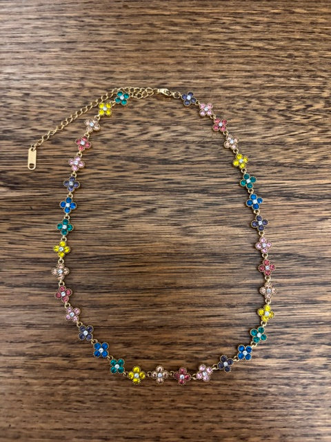 Collier Blossom Arc-en-Ciel | Fleurs Dorées & Strass | Acier Inoxydable 40 cm