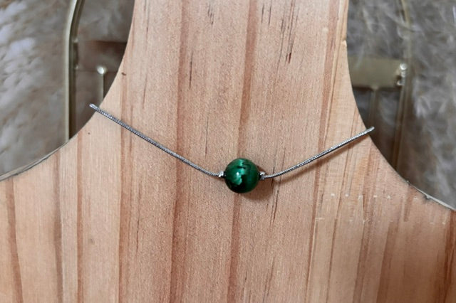 Bracelet Malachite | Chaîne Argentée Inoxydable 18 cm | Pierre Naturelle 8 mm