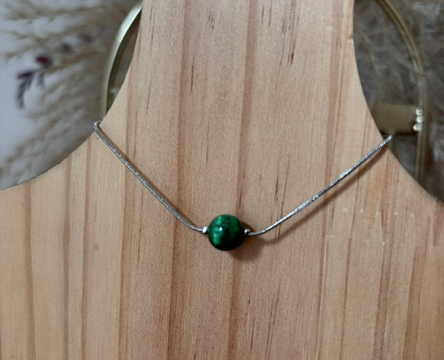 Bracelet Malachite | Chaîne Argentée Inoxydable 18 cm | Pierre Naturelle 8 mm