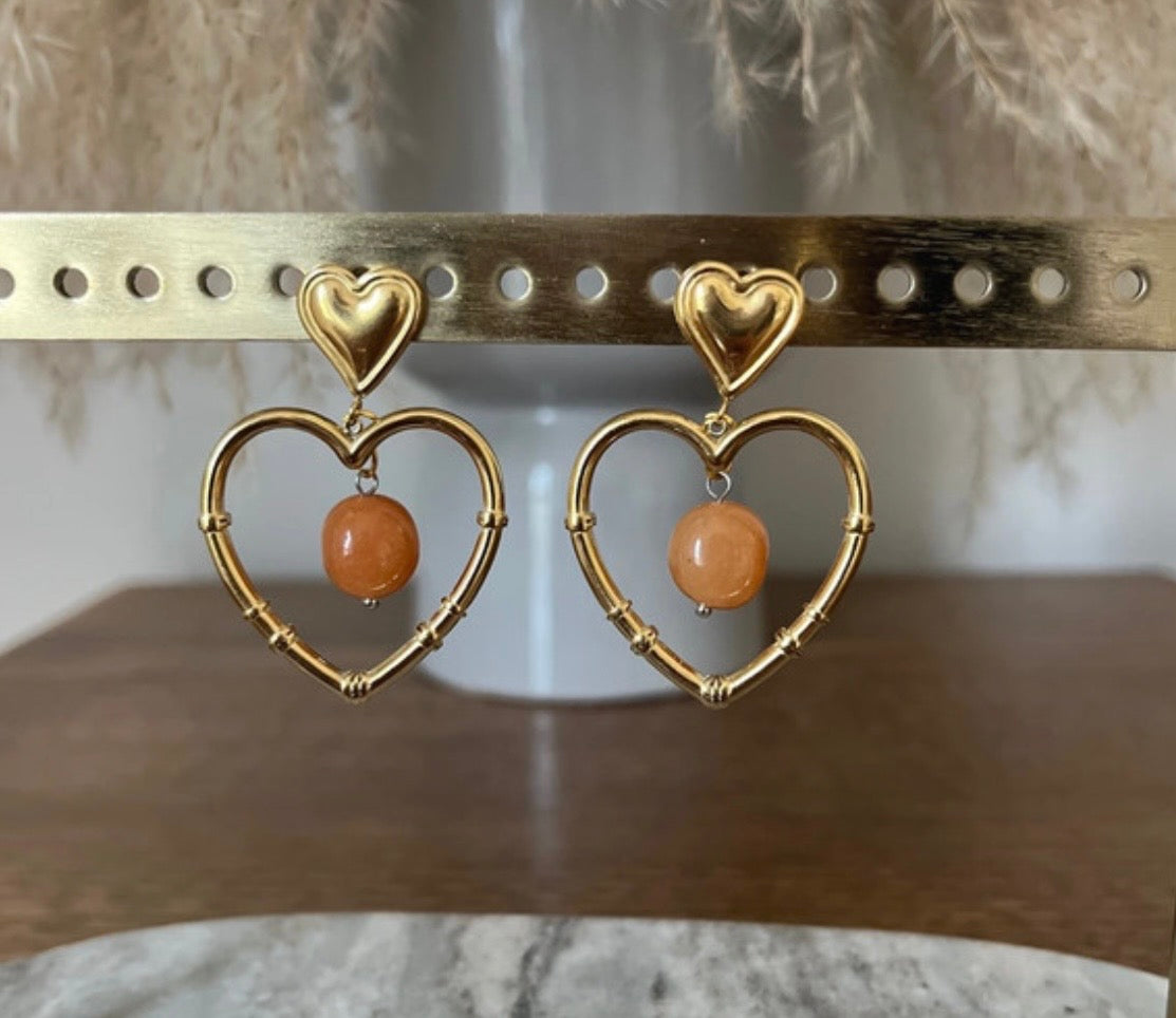 Clous d'Oreilles Cœur en Quartz Orange – Pierre Naturelle & Acier Inoxydable