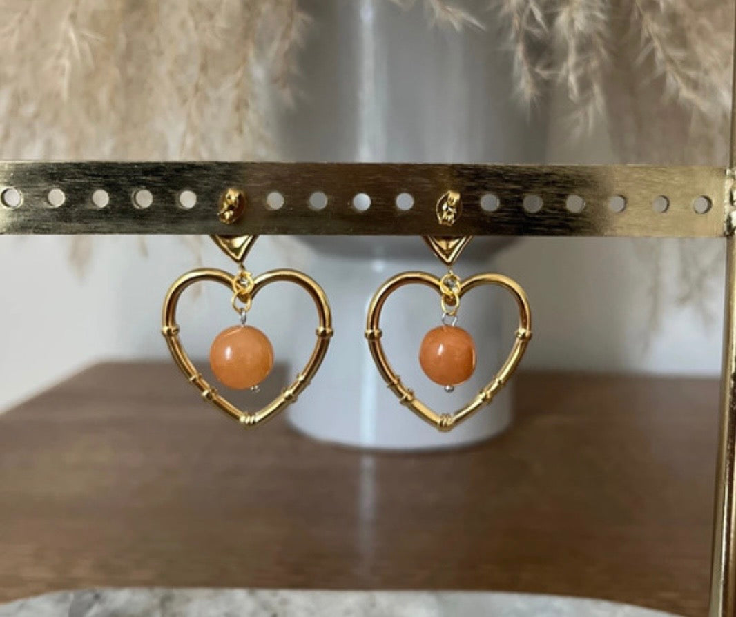 Clous d'Oreilles Cœur en Quartz Orange – Pierre Naturelle & Acier Inoxydable
