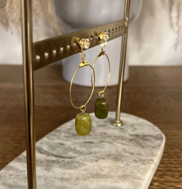 Clous d'Oreilles Design Jade Vert & Breloque Anneau – Pierre Naturelle Acier Inoxydable