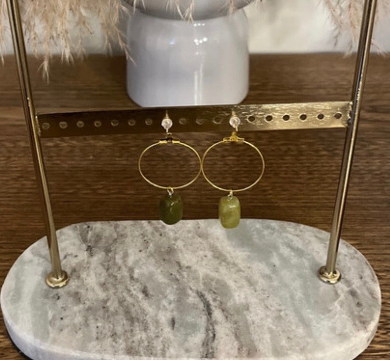 Clous d'Oreilles Design Jade Vert & Breloque Anneau – Pierre Naturelle Acier Inoxydable