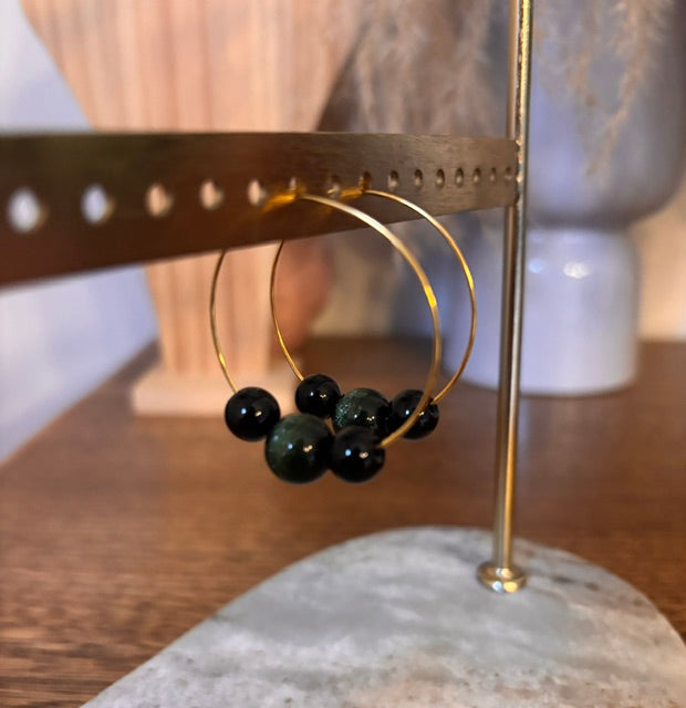 Boucles d'oreilles Créoles Perles Obsidienne Verte & Onyx Noir – Acier Inoxydable