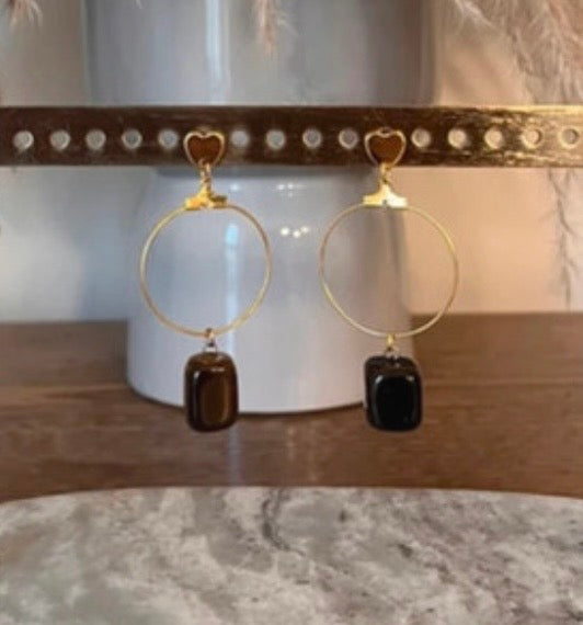 Clous d'oreilles Cœur Doré Anneau & Bloc Œil de Tigre – Acier Inoxydable | Pierre Naturelle