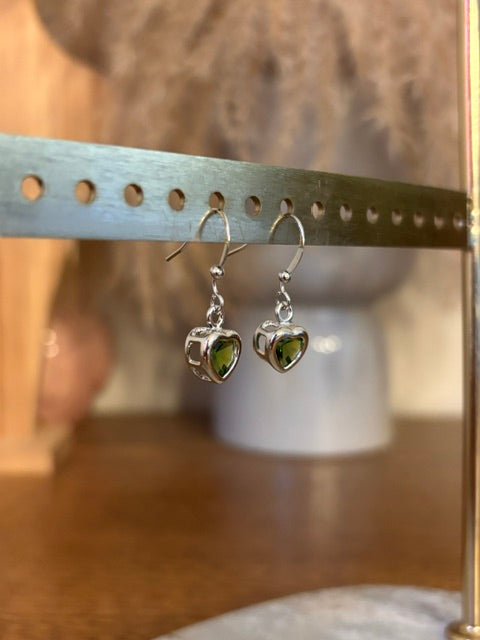 Boucles d'oreilles Cœur Saphir Vert Synthèse – Plaqué Or Blanc 18 Carats
