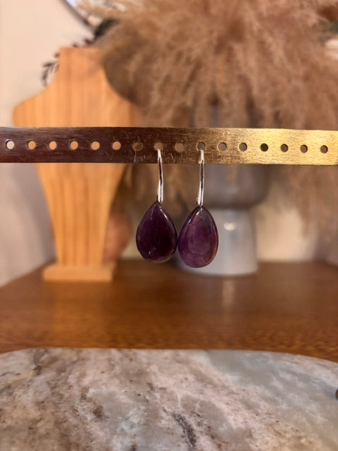 Boucles d'Oreilles Dormeuses Améthyste – Goutte Argentée Acier Inoxydable