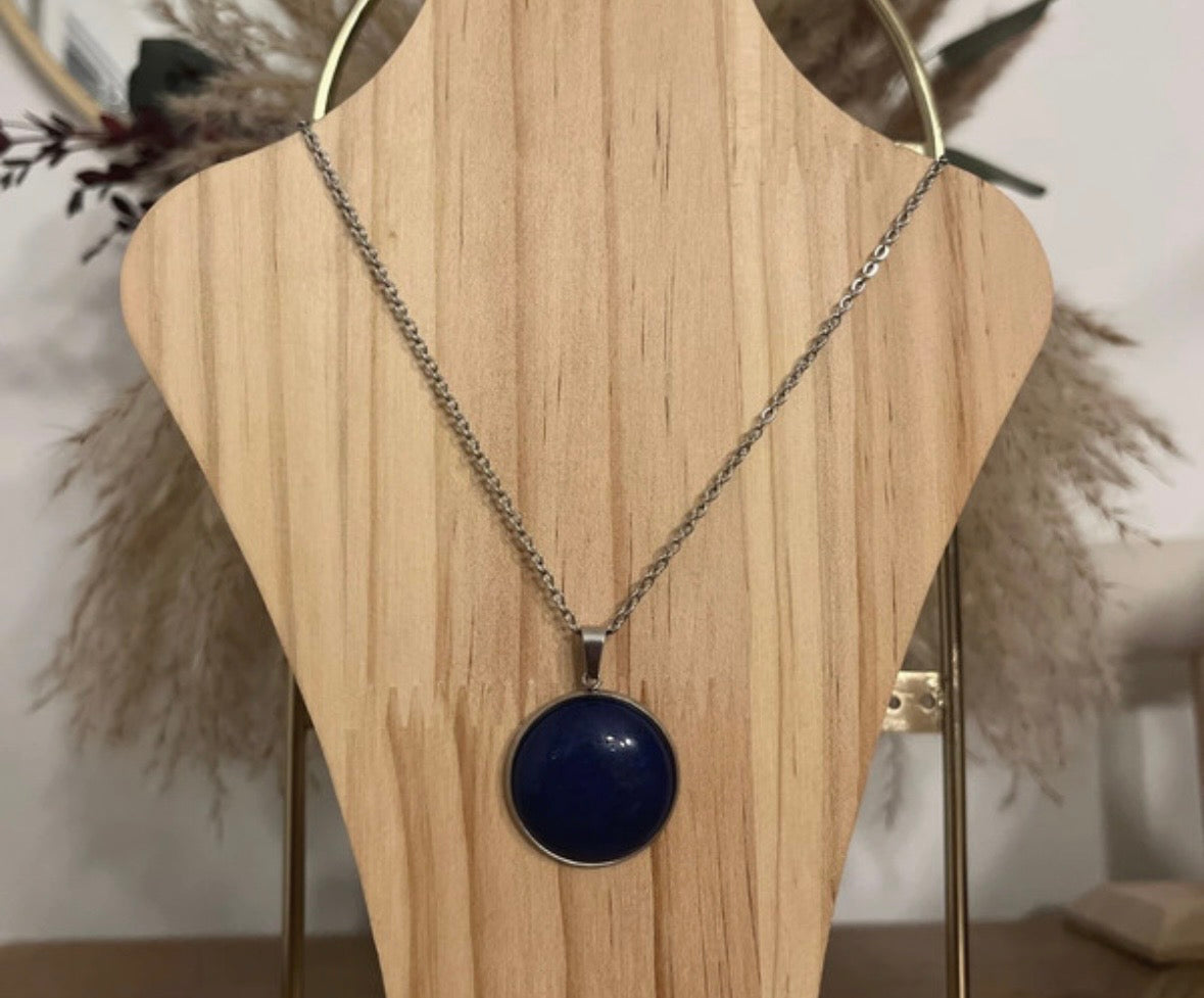 Collier Chaîne Maillon Argenté & Lapis Lazuli – Acier Inoxydable 45 cm