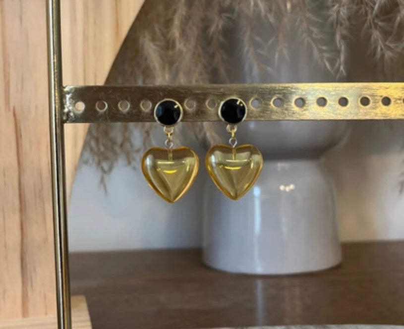 Puces d'oreilles Cœur Jaune & Rond Noir – Acier Inoxydable Doré
