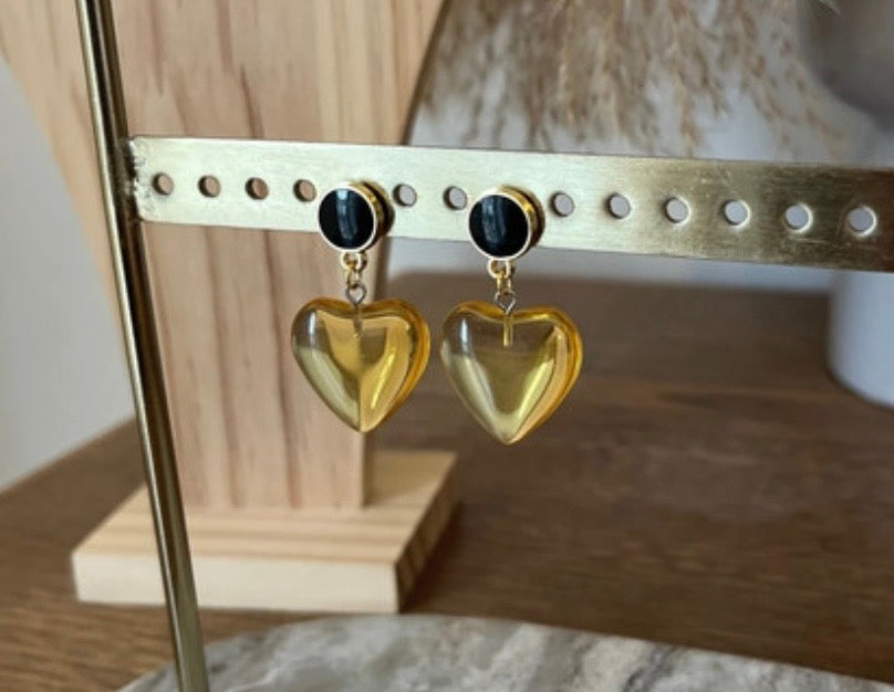 Puces d'oreilles Cœur Jaune & Rond Noir – Acier Inoxydable Doré