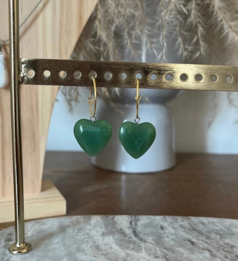 Créoles Dorées Cœur Vert Synthétique – Boucles d'Oreilles Hypoallergéniques Femme & Enfant
