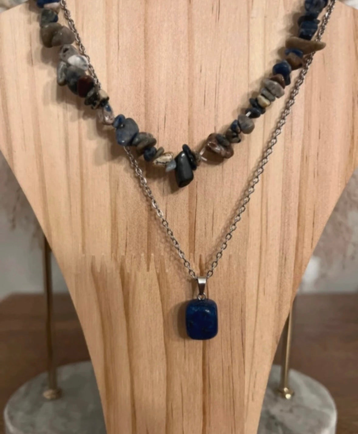 Duo de Colliers Lapis Lazuli – Chaîne Argentée & Ras-de-Cou Perles | Pierre Naturelle