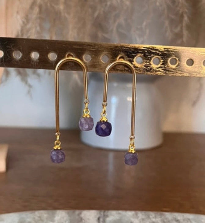 Clous d'Oreilles Améthyste Facettée – Double Tige Acier Inoxydable | Pierre Naturelle