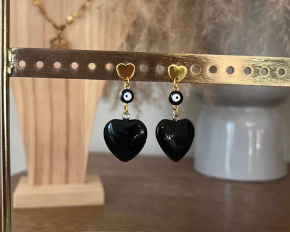 Clous d'Oreilles Obsidienne Noire Cœur – Porte-Bonheur Mauvais Œil | Pierre Naturelle