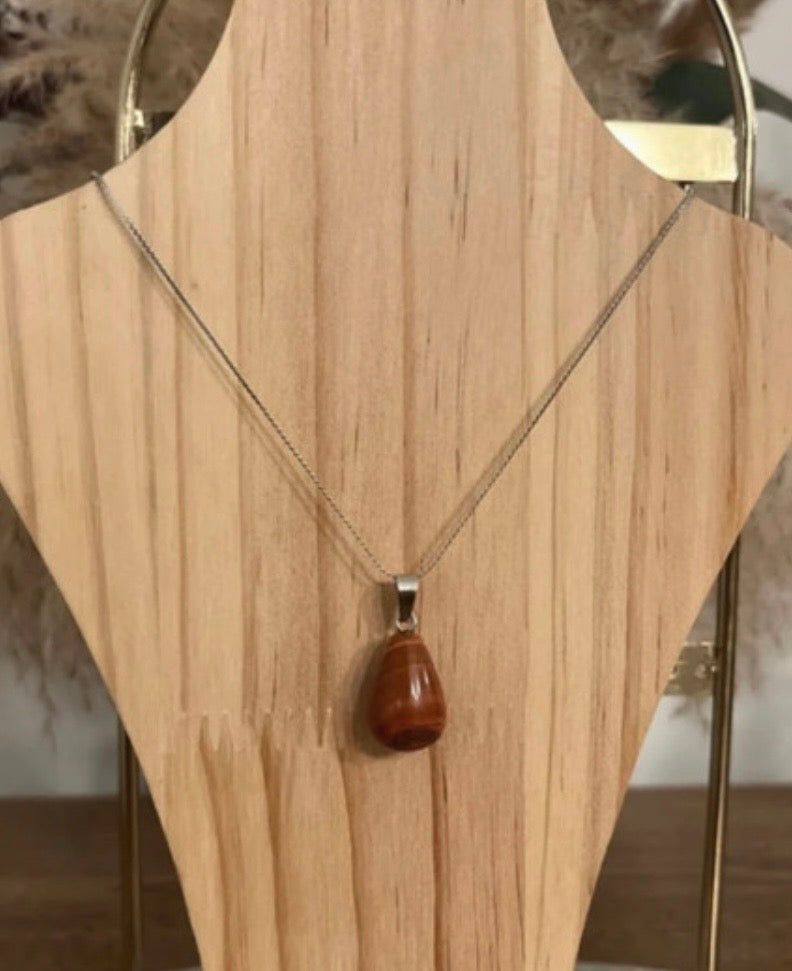 Collier Jaspe Rouge Pierre Naturelle | Chaîne Serpent Argentée Acier Inoxydable 60 cm