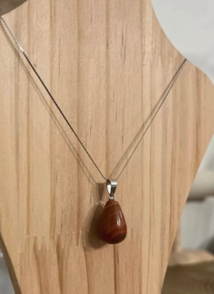 Collier Jaspe Rouge Pierre Naturelle | Chaîne Serpent Argentée Acier Inoxydable 60 cm