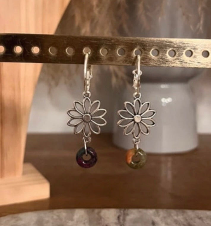 Boucles d'Oreilles Créoles Jaspe & Zoïsite Pierre Naturelle | Fleurs Argentées Acier Inoxydable