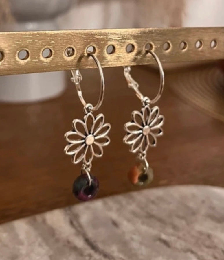 Boucles d'Oreilles Créoles Jaspe & Zoïsite Pierre Naturelle | Fleurs Argentées Acier Inoxydable