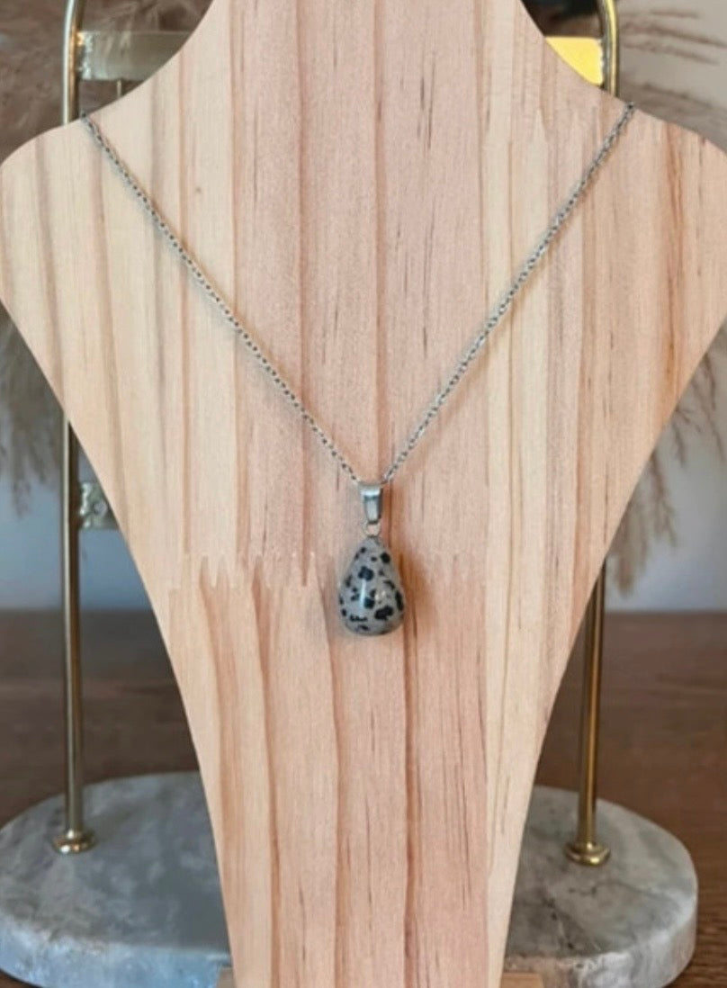 Collier Jaspe Dalmatien Goutte Pierre Naturelle | Chaîne Maillons Argentée Acier Inoxydable 44 cm