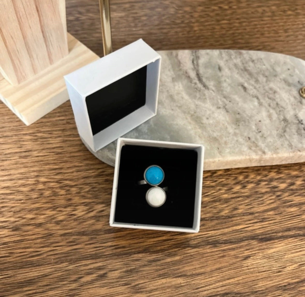 Bague Double Pierre Naturelle Jade Blanc & Turquoise | Argentée Ajustable Acier Inoxydable