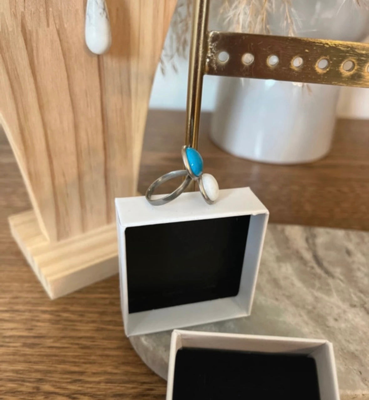 Bague Double Pierre Naturelle Jade Blanc & Turquoise | Argentée Ajustable Acier Inoxydable
